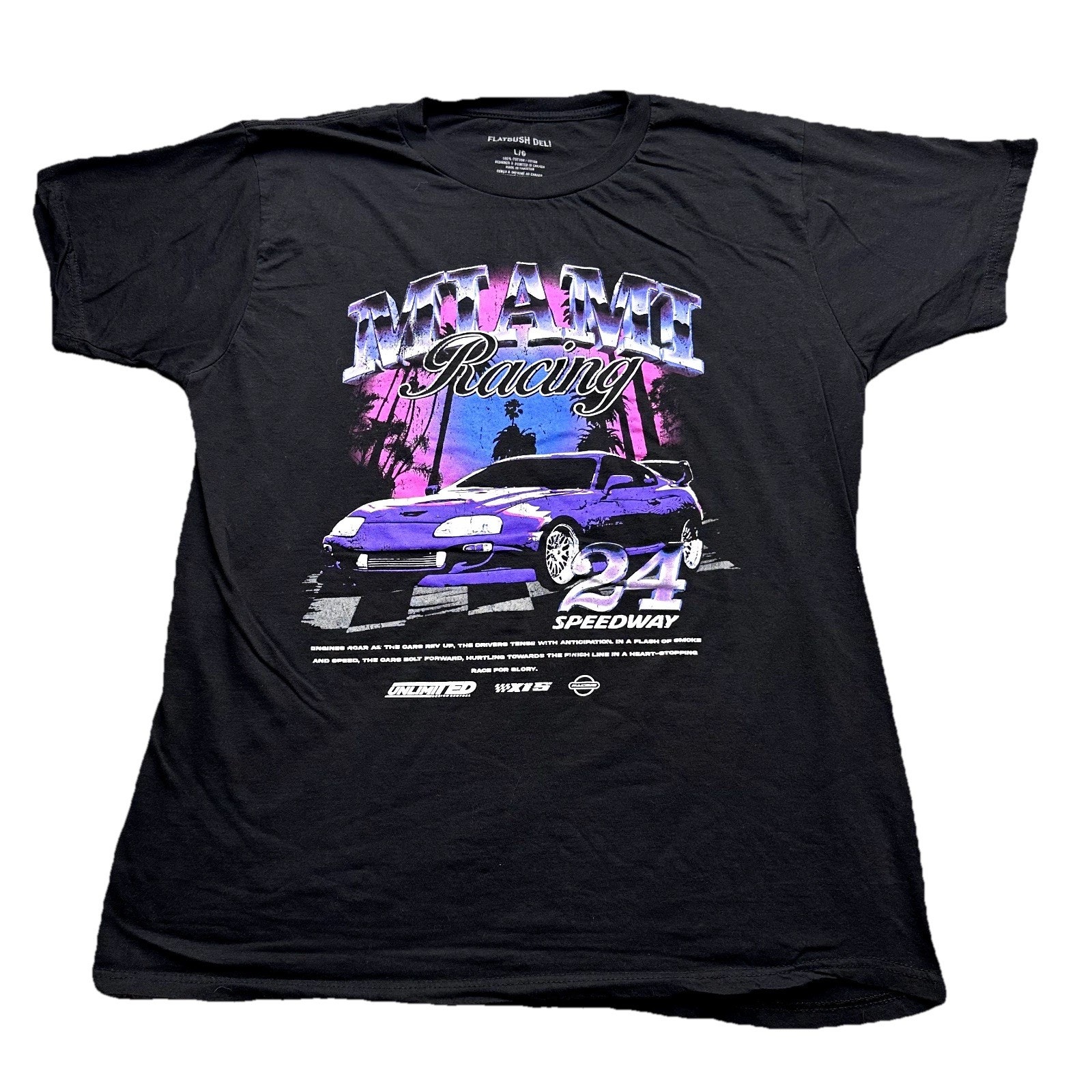 Flatbush Deli Shirt Mens Large Black Miami Racing 24 Speedway Supra Neon Graphic